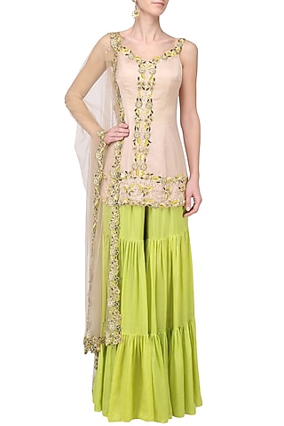 Blush Pink and Lime Embroidered Sharara Set by Ease