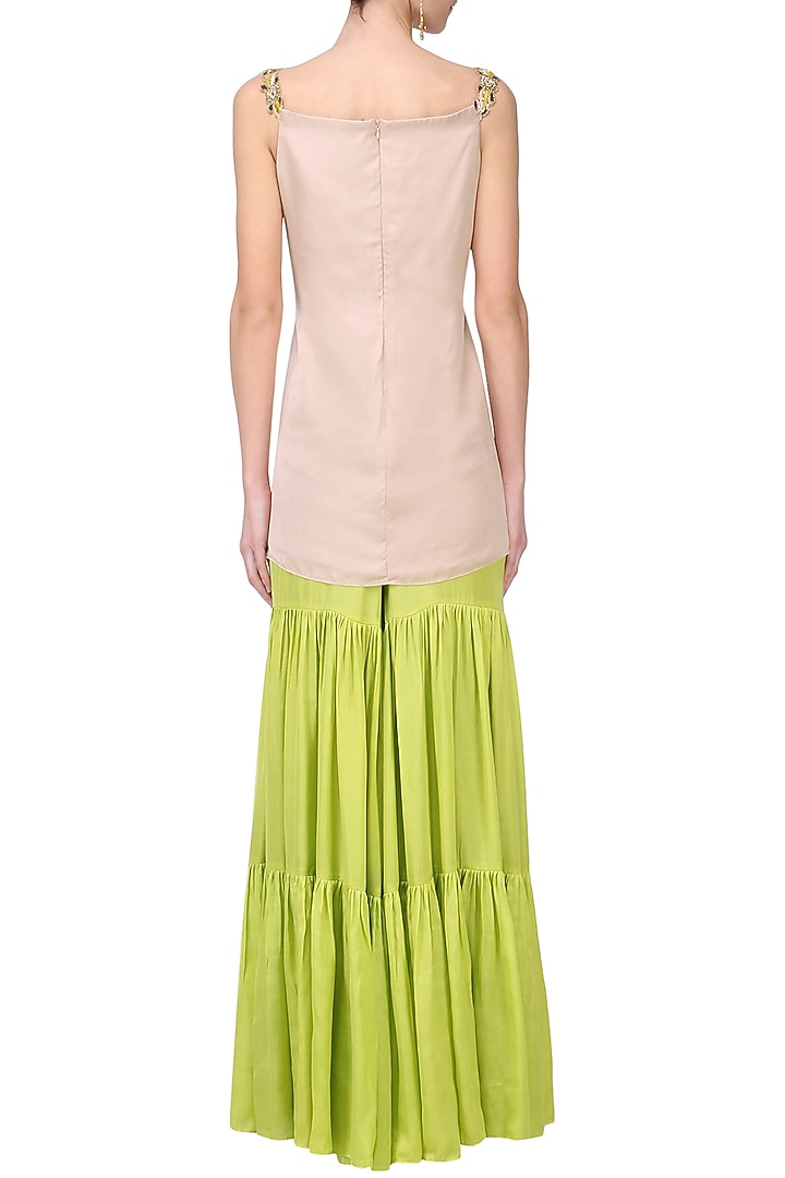 Blush pink and Lime embroidered Sharara set available only at Pernia's Pop Up Shop.