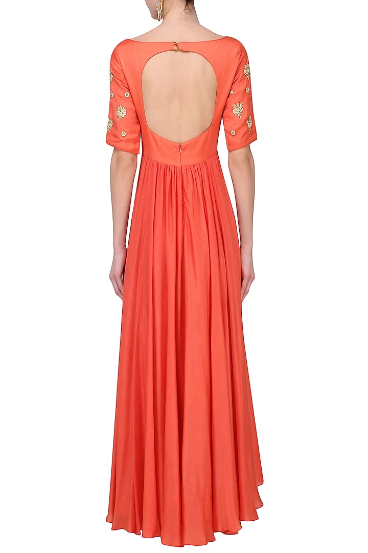 Peach orange embroidered Anarkali set available only at Pernia's Pop Up Shop.
