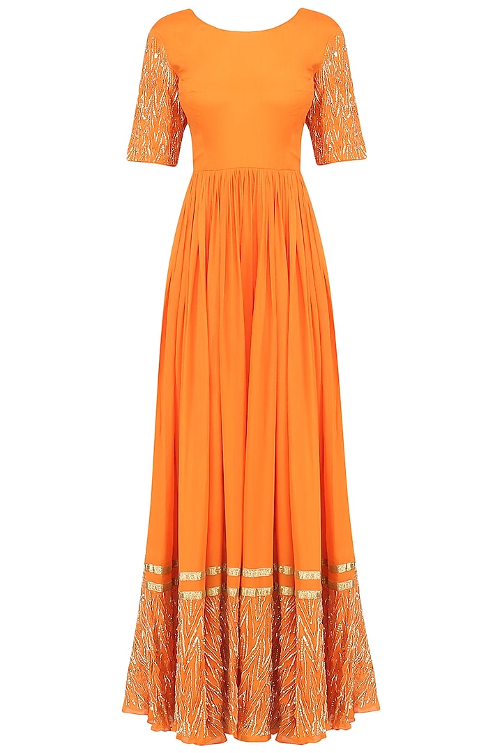 Tangerine and Pista Embroidered Anarkali Set by Ease