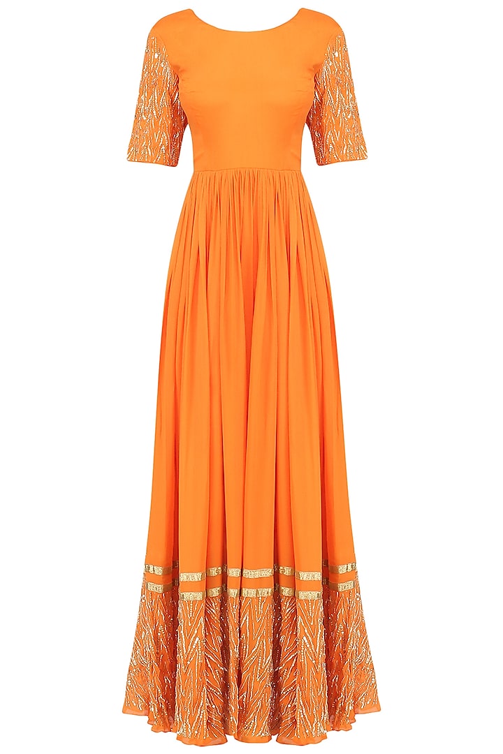 Tangerine and pista embroidered anarkali setavailable only at Pernia's Pop Up Shop.