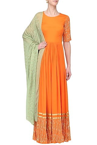 Tangerine and Pista Embroidered Anarkali Set by Ease