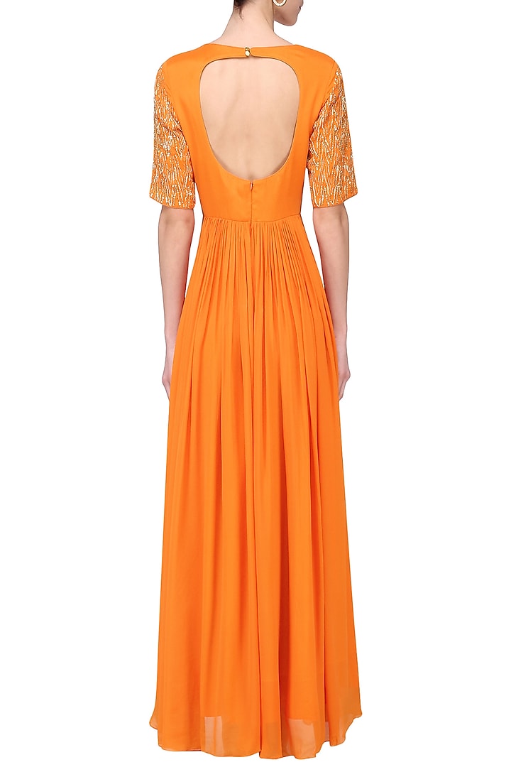 Tangerine and pista embroidered anarkali setavailable only at Pernia's Pop Up Shop.
