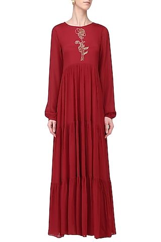 Red Crepe Satin Cutdana Embroidered Layered Maxi Dress by Ease