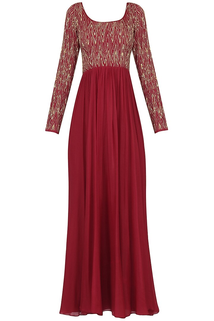 Crimson Red and Mauve Pink Embroidered Anarkali Set by Ease