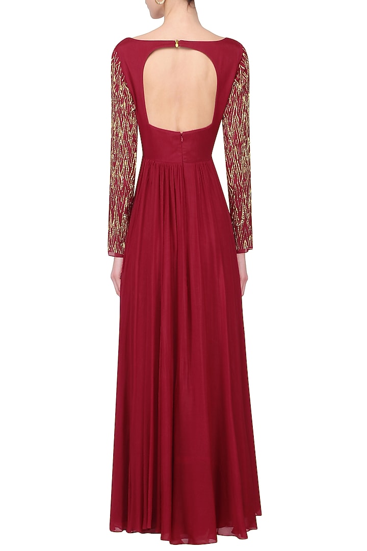 Crimson Red and mauve pink embroidered Anarkali setavailable only at Pernia's Pop Up Shop.