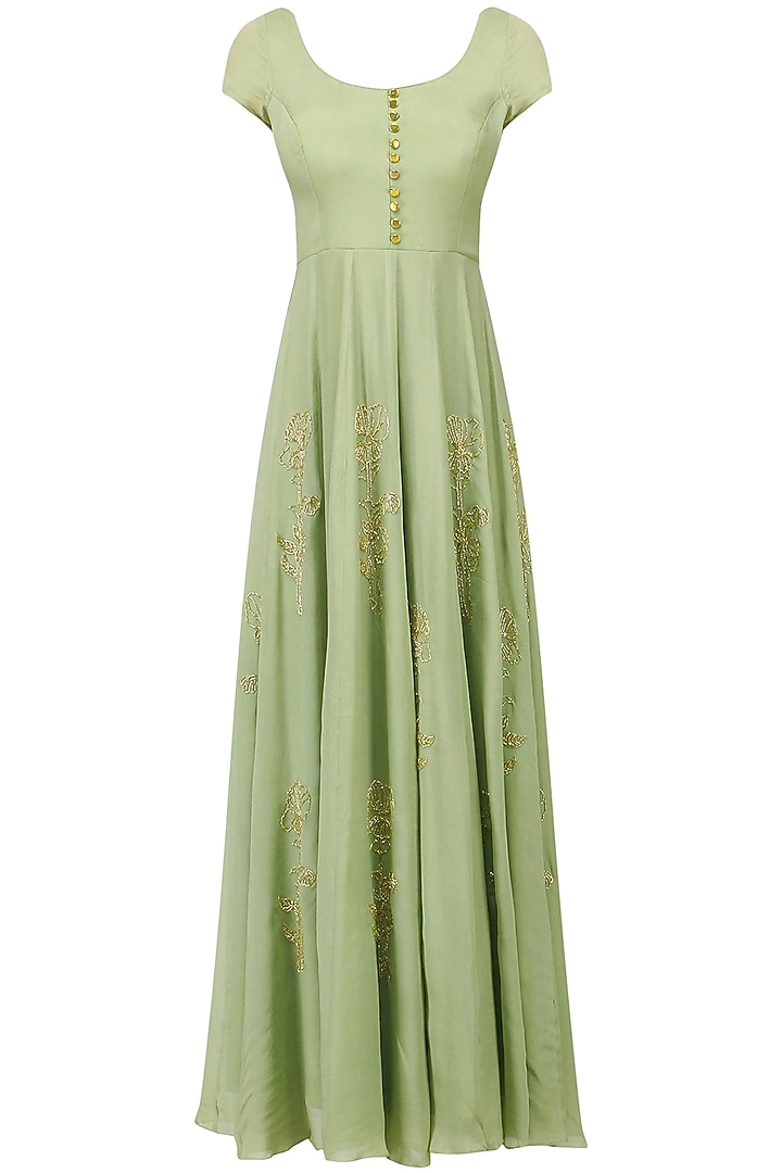 Pista and orange embroidered Anarkali set only at Pernia's Pop Up Shop.