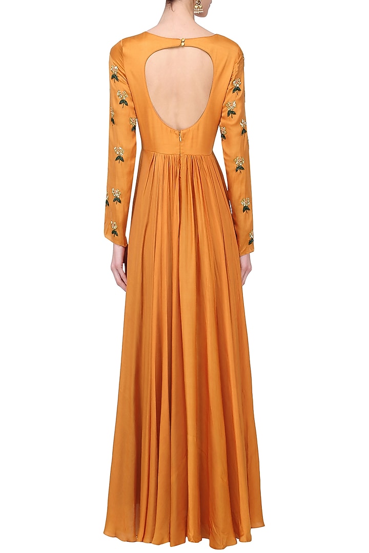 Mustard and beige embroidered Anarkali set available only at Pernia's Pop Up Shop.