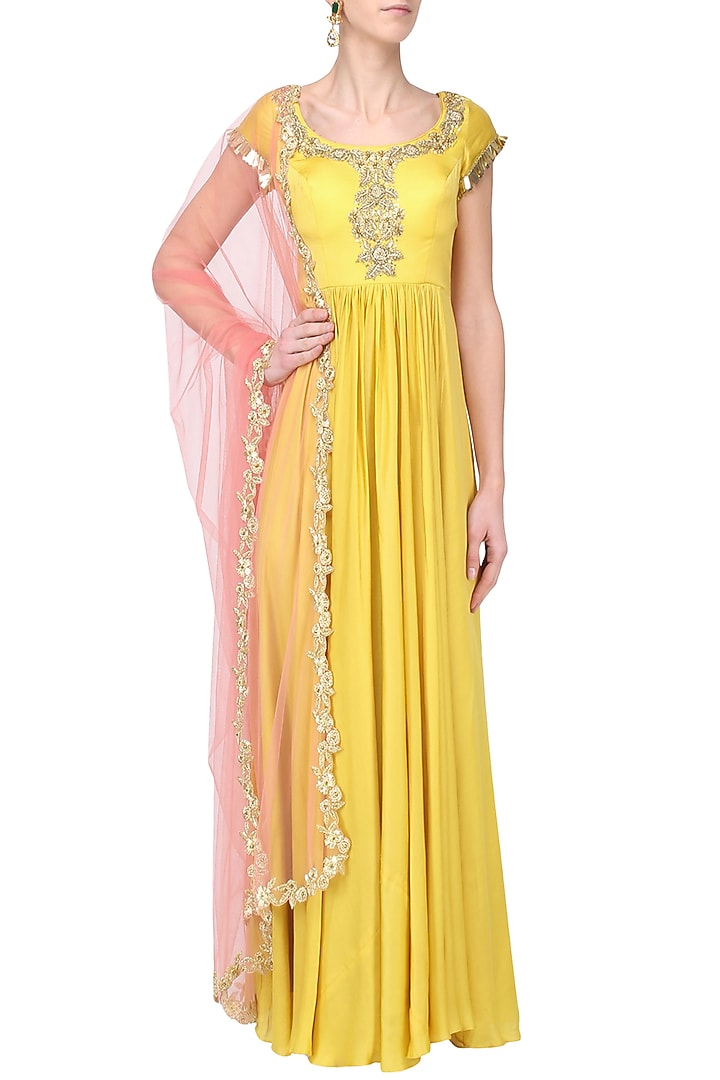 Lemon Yellow embroidered Anarkali set only at Pernia's Pop Up Shop.
