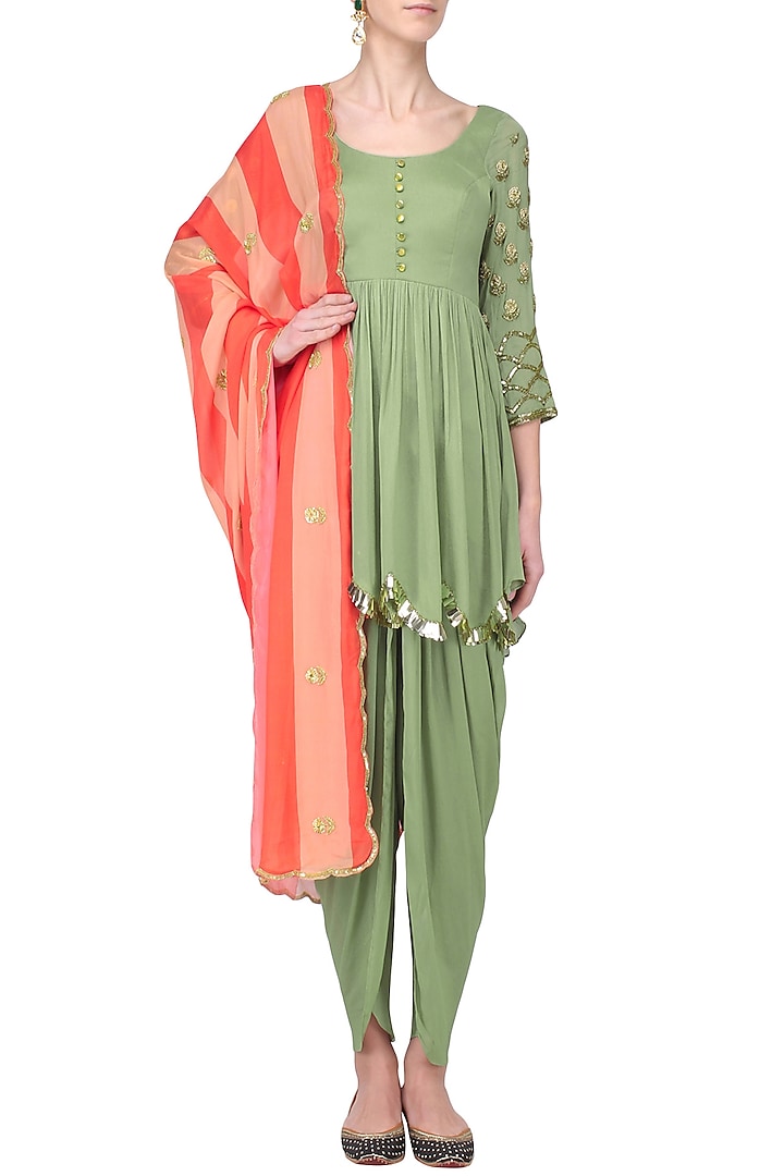 Pista embroidered peplum kurta and dhoti set available only at Pernia's Pop Up Shop.