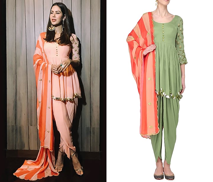 Pista embroidered peplum kurta and dhoti set available only at Pernia's Pop Up Shop.