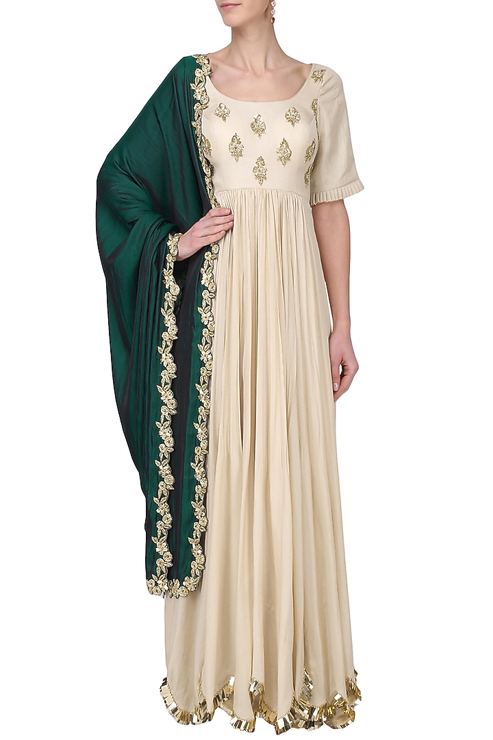 Off White and rama green embroidered Anarkali set available only at Pernia's Pop Up Shop.