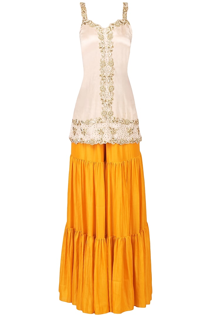 Off White and Mango Yellow Embroidered Sharara Set by Ease