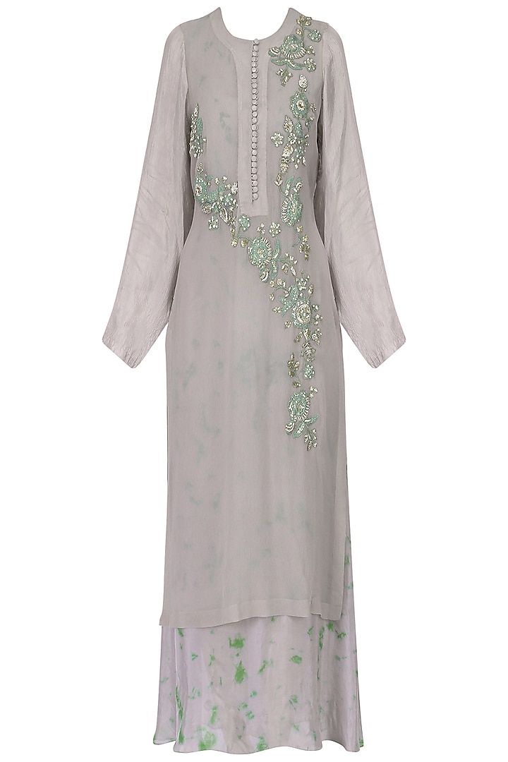 Grey floral embroidered kurta with tie and dye inner by EAU