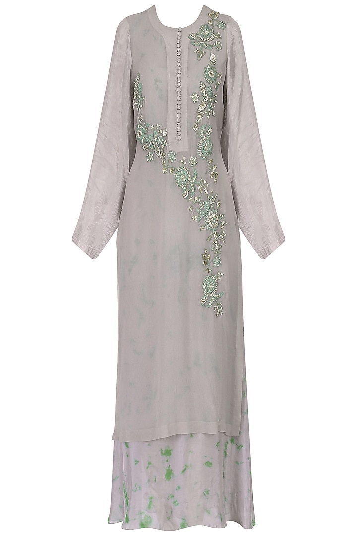 Grey floral embroidered kurta with tie and dye inner available only at Pernia's Pop Up Shop.