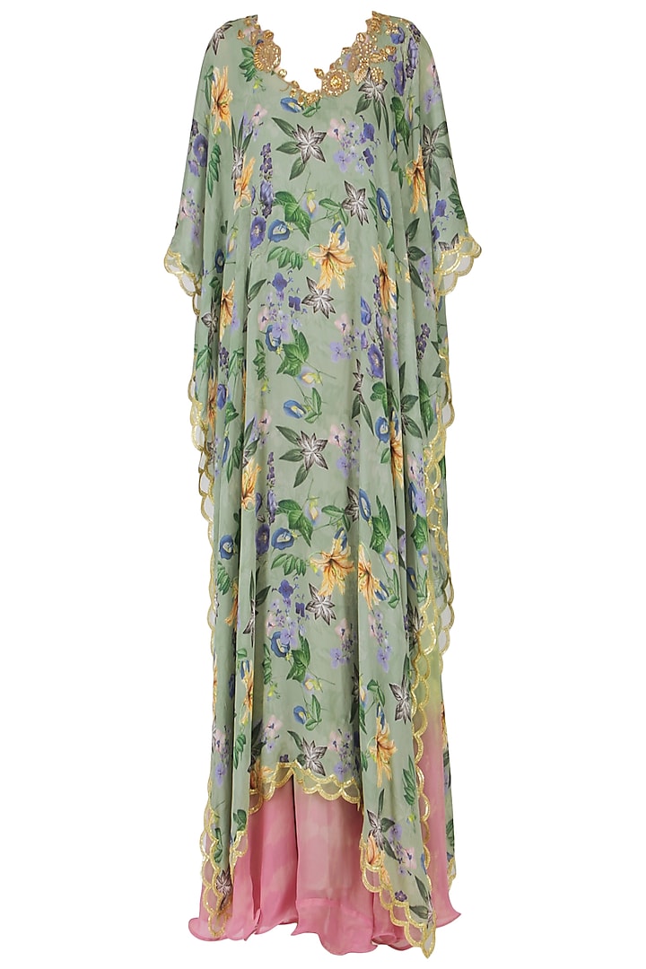 Pink shaded dress with green floral print cape by EAU
