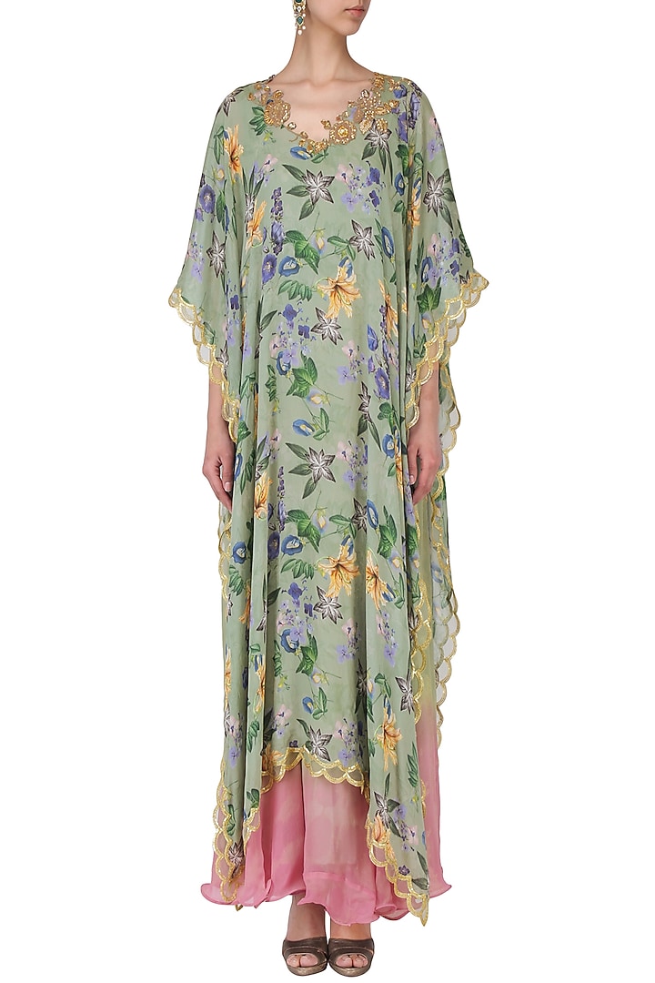 Pink shaded dress with green floral print cape  available only at Pernia's Pop Up Shop.