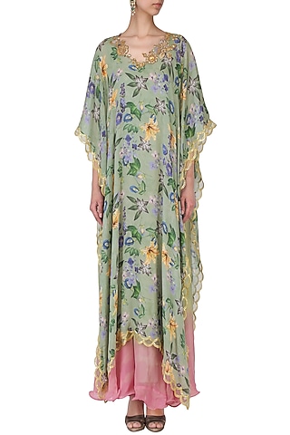 Pink shaded dress with green floral print cape by EAU