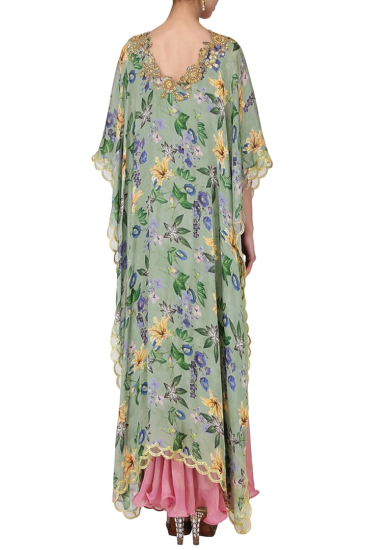 Pink shaded dress with green floral print cape  available only at Pernia's Pop Up Shop.