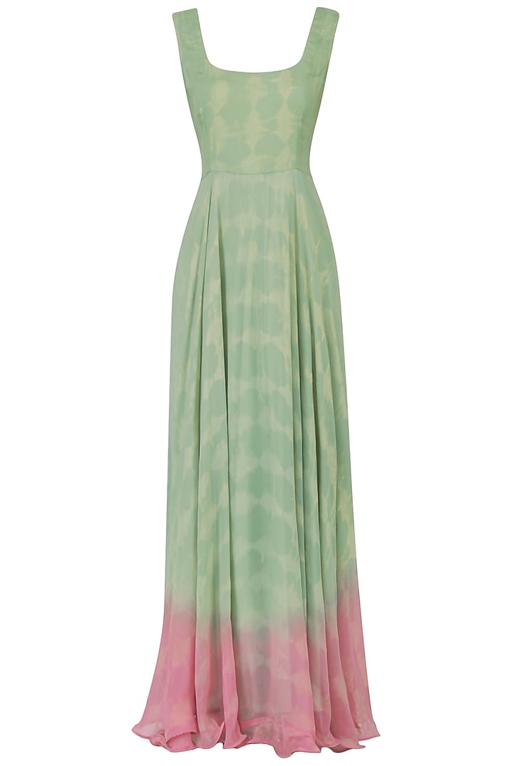 Pink shaded dress with green floral print cape  available only at Pernia's Pop Up Shop.