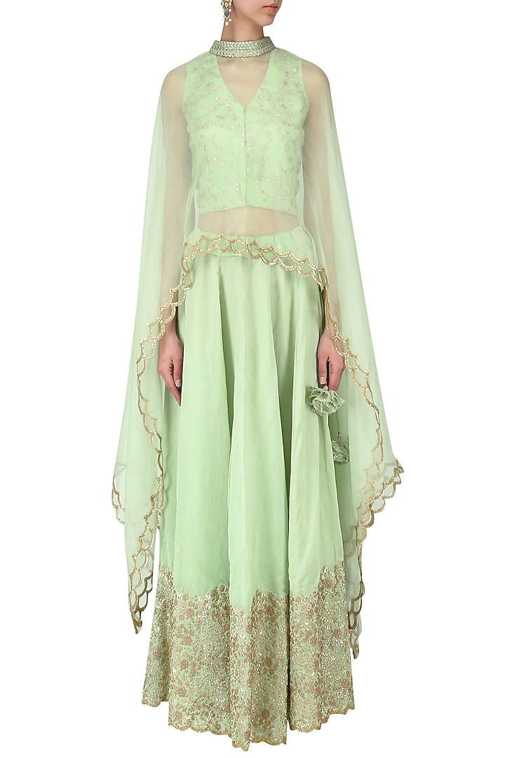 Sea green embroidered crop top and skirt with scalloped cape available only at Pernia's Pop Up Shop.