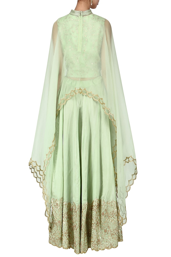 Sea green embroidered crop top and skirt with scalloped cape available only at Pernia's Pop Up Shop.