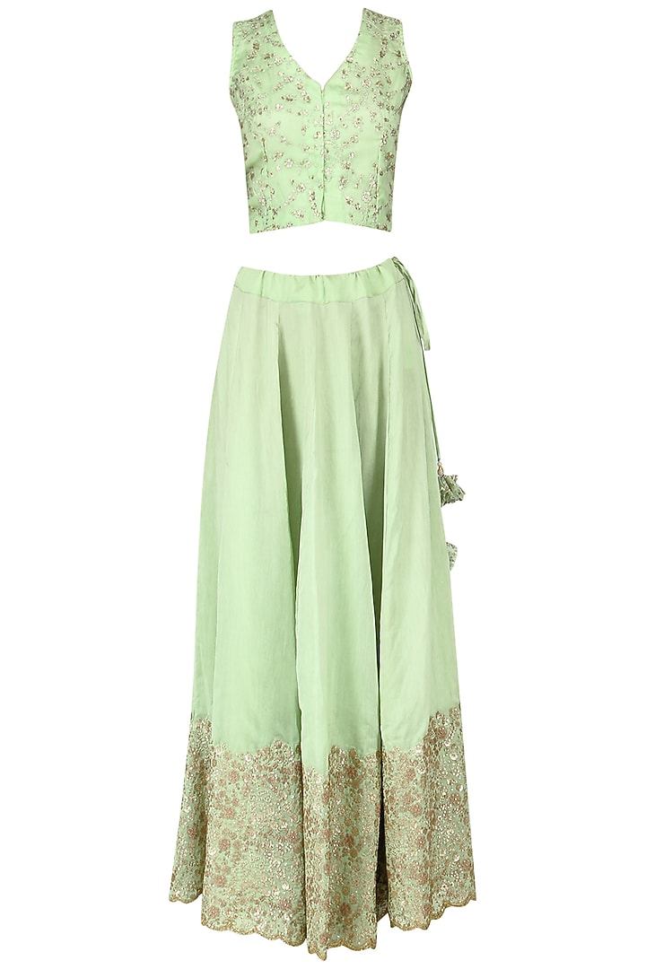 Sea green embroidered crop top and skirt with scalloped cape available only at Pernia's Pop Up Shop.