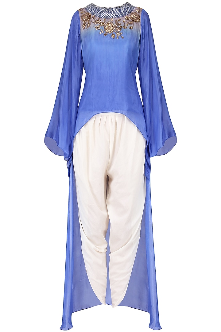 Blue embroidered high low top with off white dhoti pants by EAU
