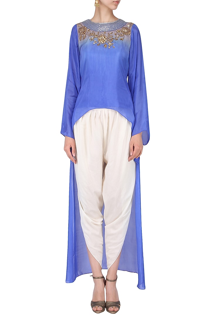 Blue embroidered high low top with off white dhoti pants available only at Pernia's Pop Up Shop.
