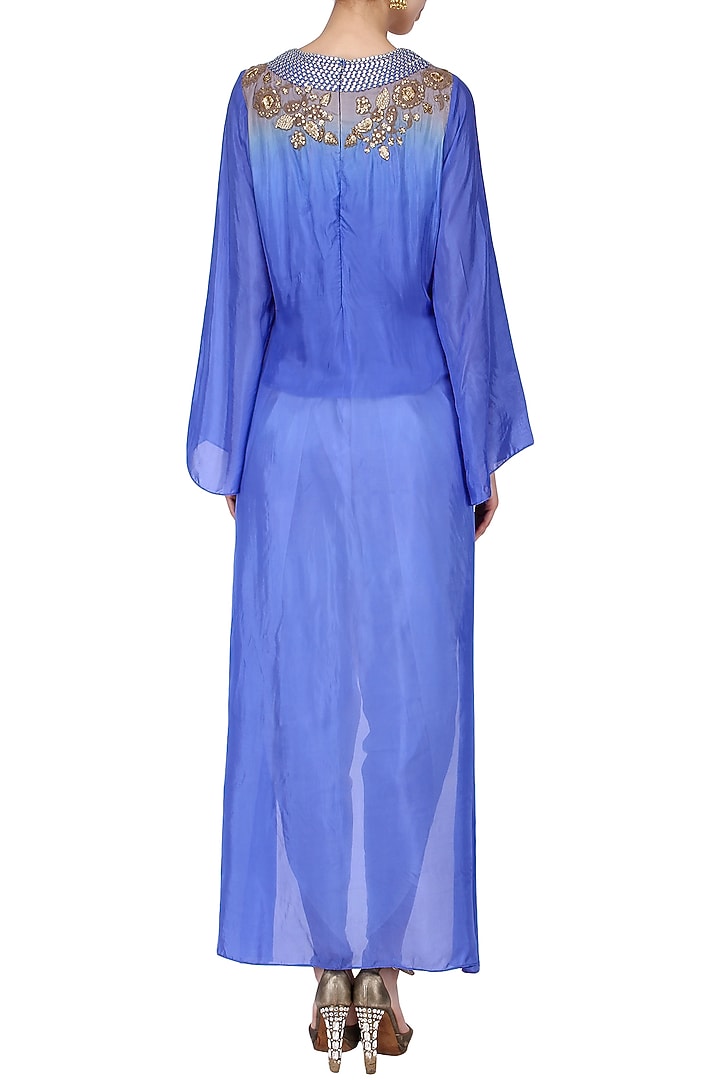 Blue embroidered high low top with off white dhoti pants available only at Pernia's Pop Up Shop.
