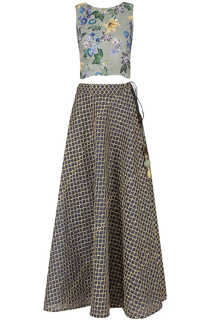 Green floral print skirt with navy embroidered skirt available only at Pernia's Pop Up Shop.