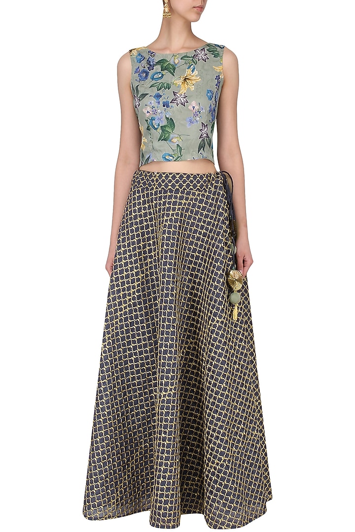 Green floral print skirt with navy embroidered skirt available only at Pernia's Pop Up Shop.
