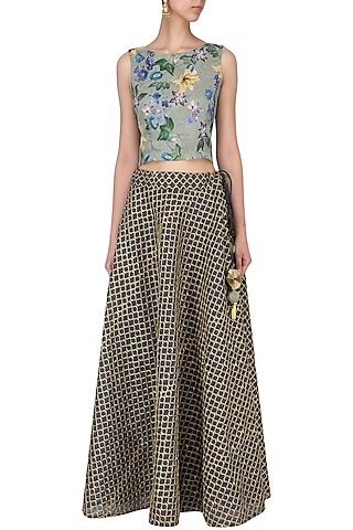 Green Floral Print Crop Top with Navy Embroidered skirt by EAU