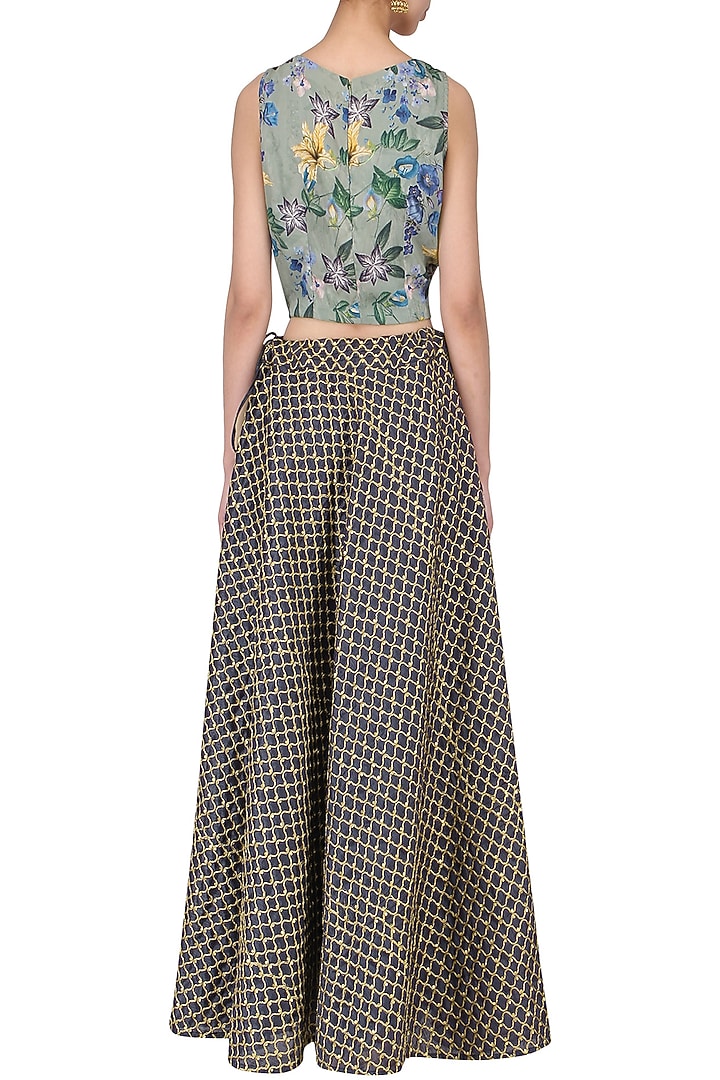 Green floral print skirt with navy embroidered skirt available only at Pernia's Pop Up Shop.