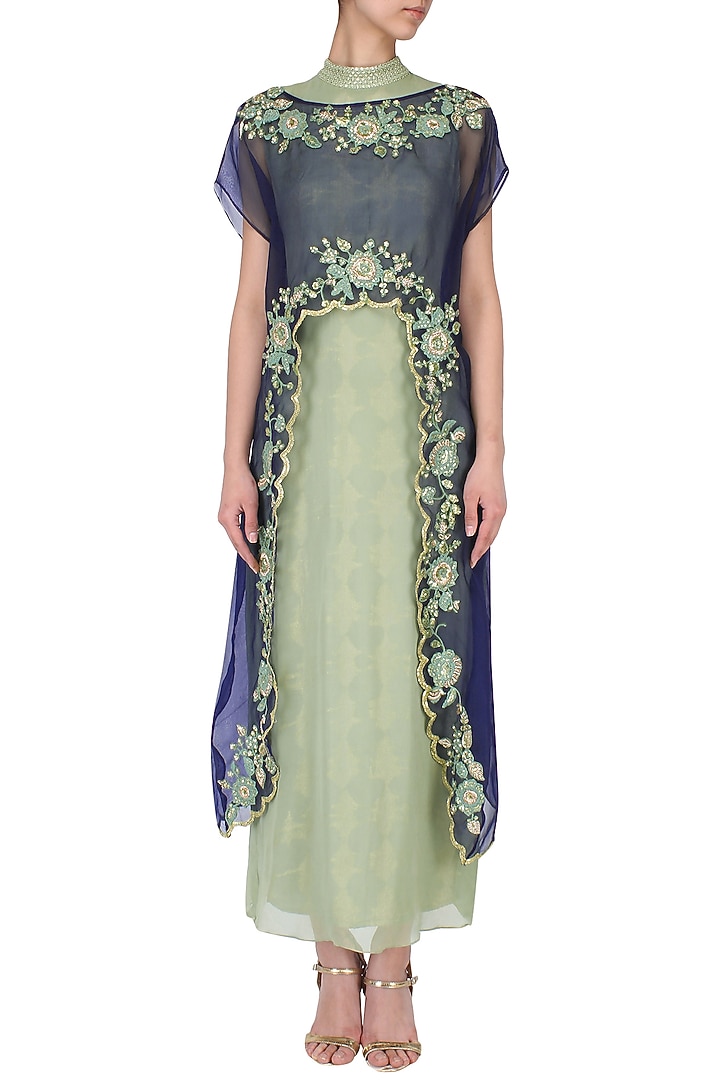 Green and navy embroidered cape dress available only at Pernia's Pop Up Shop.