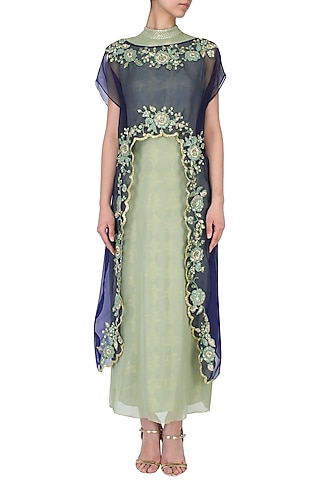 Green and navy embroidered cape dress by EAU