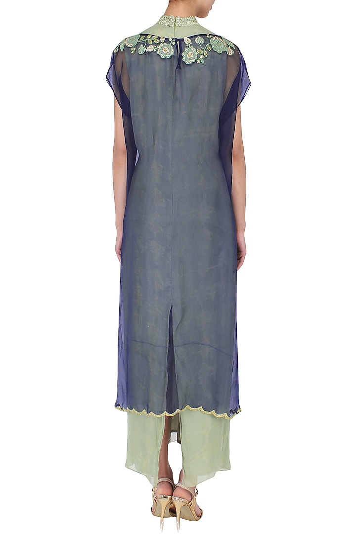 Green and navy embroidered cape dress available only at Pernia's Pop Up Shop.