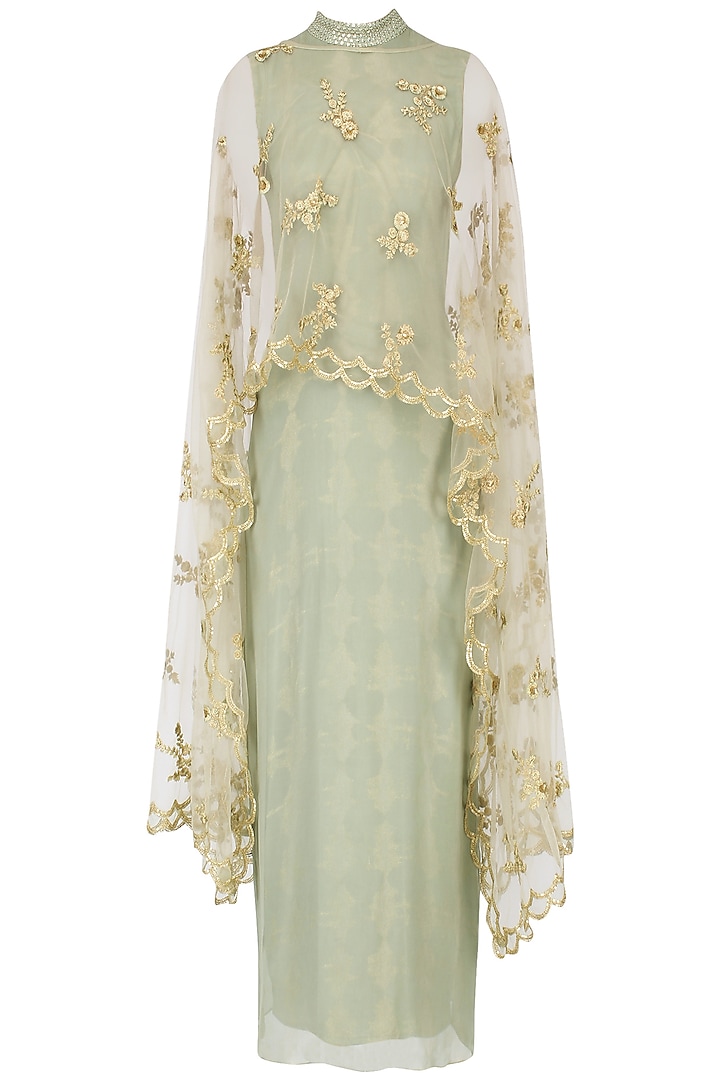 Green and gold embroidered cape dress available only at Pernia's Pop Up ...