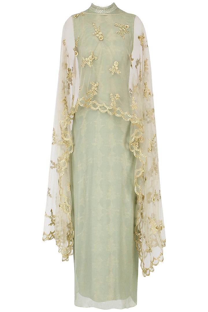 Green and gold embroidered cape dress available only at Pernia's Pop Up Shop.