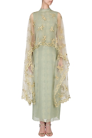 Green and gold embroidered cape dress by EAU