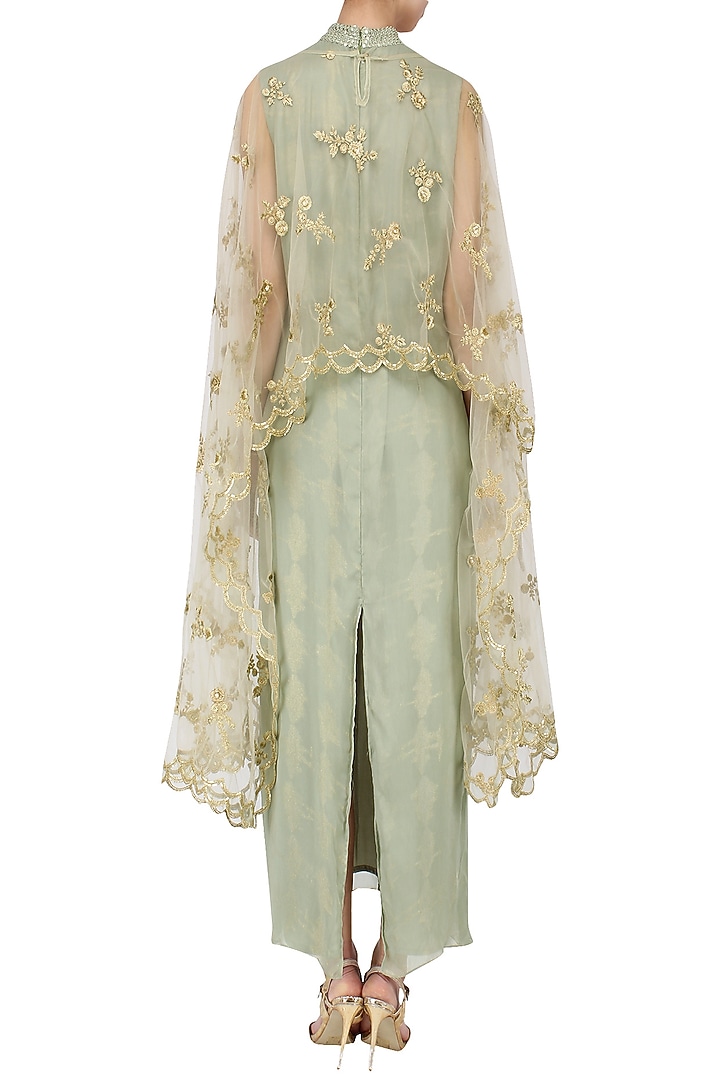 Green and gold embroidered cape dress available only at Pernia's Pop Up Shop.