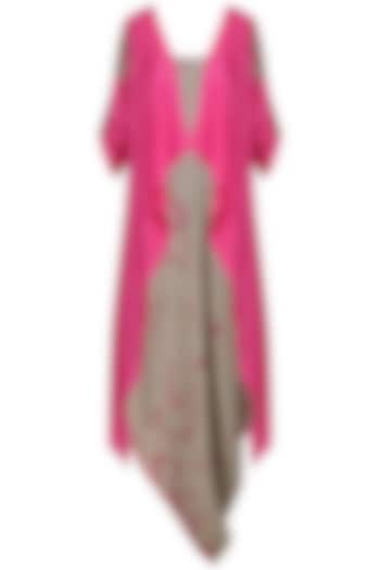 Ash Brown Asymmetrical Dress with Magenta Pink Embroidered Jacket by EAU