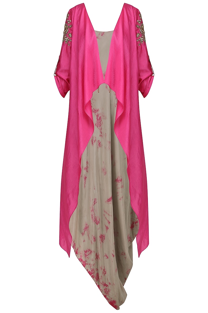 Ash Brown Asymmetrical Dress with Magenta Pink Embroidered Jacket by EAU