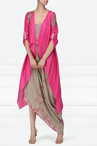 Ash Brown Asymmetrical Dress with Magenta Pink Embroidered Jacket by EAU