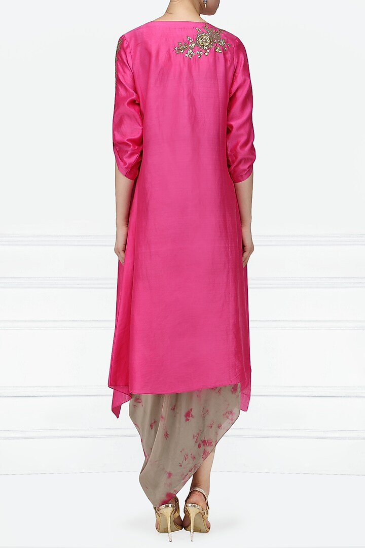Ash brown asymmetrical dress with magenta pink embroidered jacket available only at Pernia's Pop Up Shop.