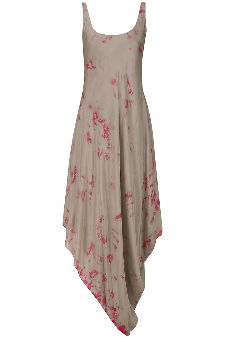 Ash brown asymmetrical dress with magenta pink embroidered jacket available only at Pernia's Pop Up Shop.
