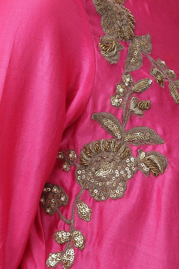 Ash brown asymmetrical dress with magenta pink embroidered jacket available only at Pernia's Pop Up Shop.