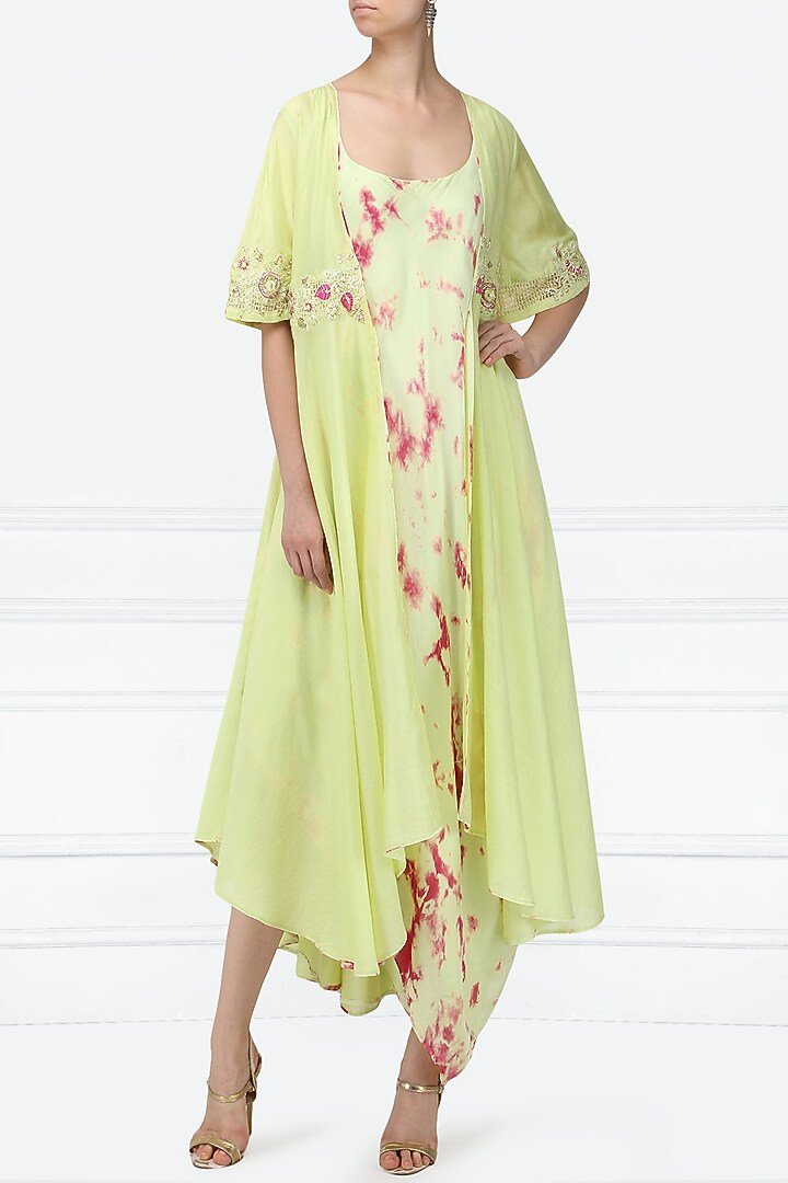 Mint green and magenta pink asymmetrical dress with embroidered jacket available only at Pernia's Pop Up Shop.