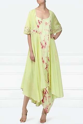 Mint Green and Magenta Pink Asymmetrical Dress with Embroidered Jacket by EAU