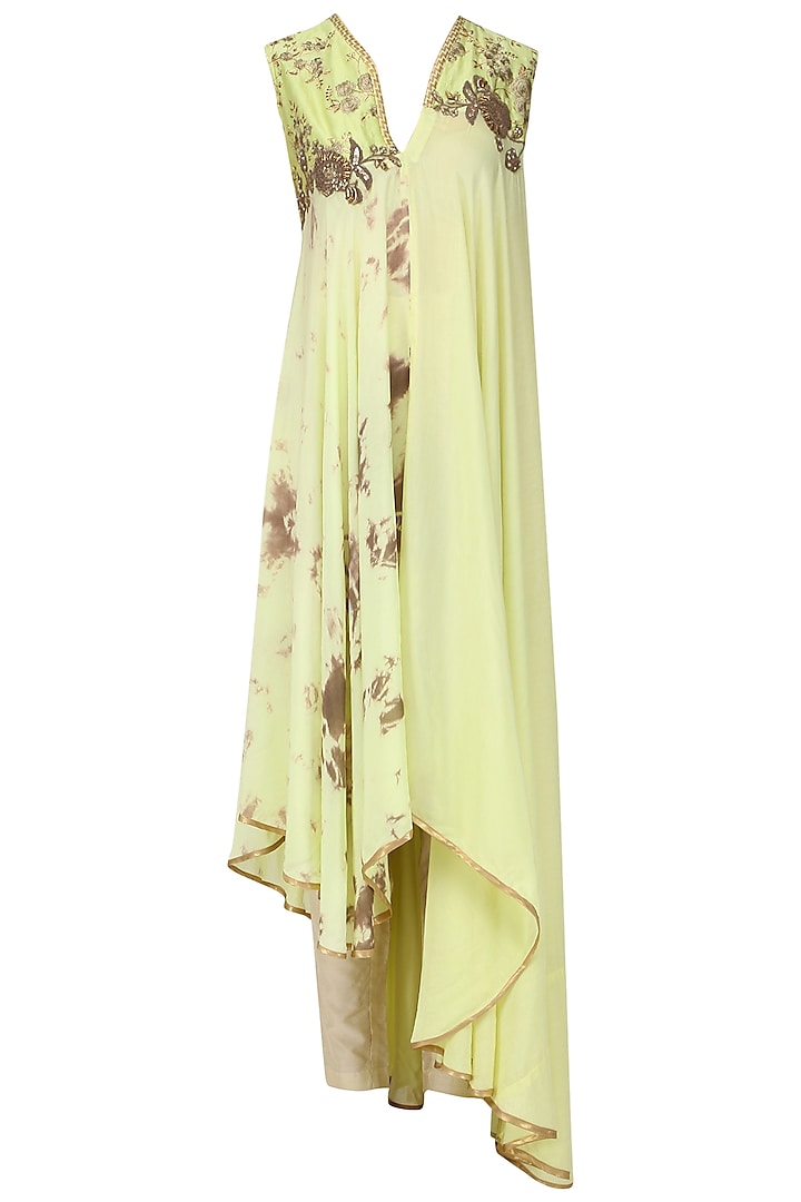 Mint Green Embroidered Asymmetrical Tunic with Straight Pants by EAU